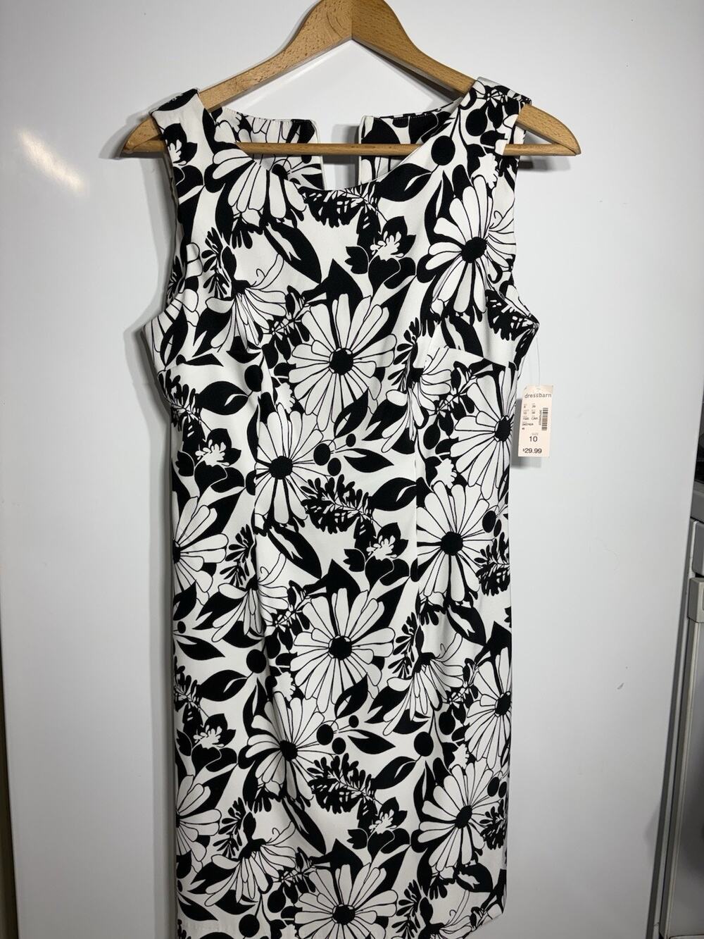 DRESSBARN WHITE BLACK FLORAL SHEATH LINED MIDI KNEE LENGTH DRESS SIZE 10 NWT